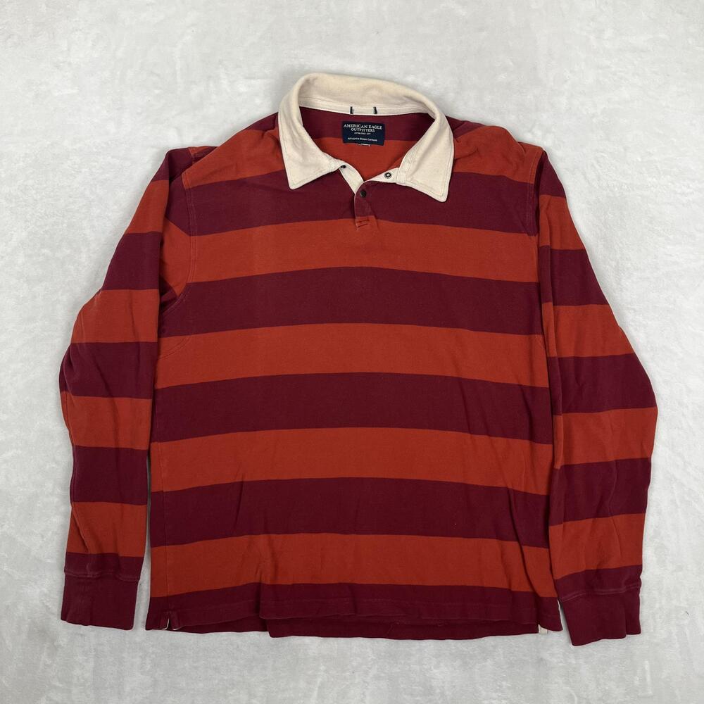 American Eagle Outfitters Rugby Polo Shirt Mens Large Maroon Stripe Long Sleeve